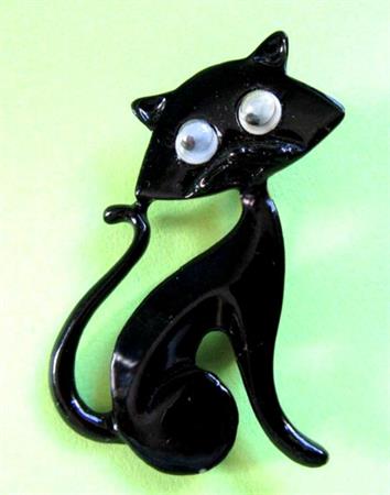 Anthropomorphic Black Cat Pin Google Eyes Vintage Jewelry 
