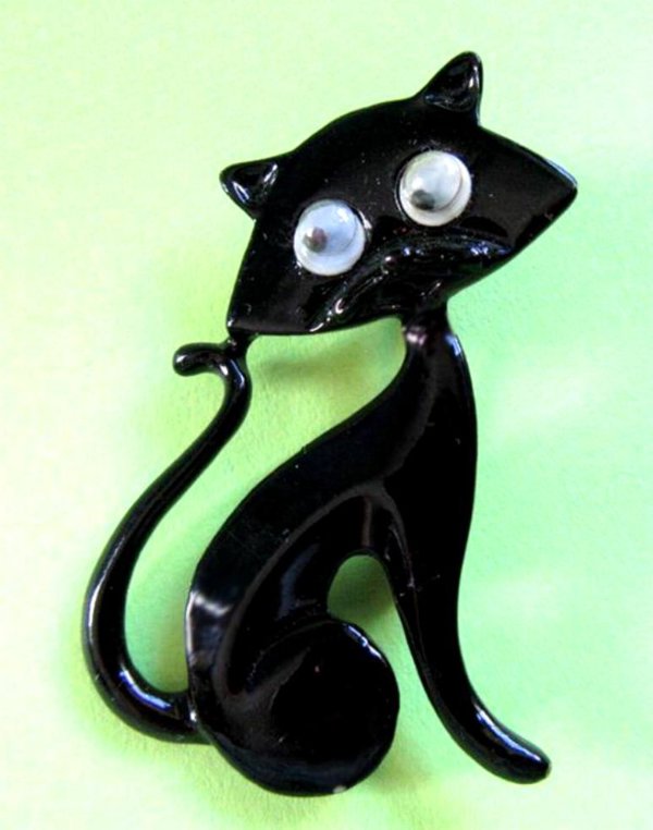 Anthropomorphic Black Cat Pin Google Eyes Vintage Jewelry 