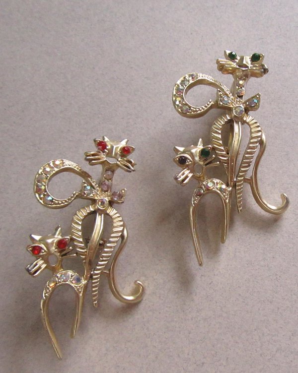 Vintage Rhinestone Cats Pin Set Figural Jewelry