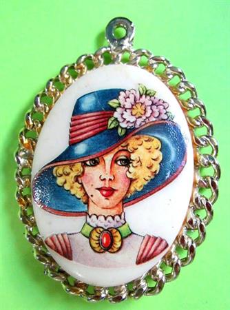 Vintage Glass Transfer Mirror Pendant Lady in Hat Drag 