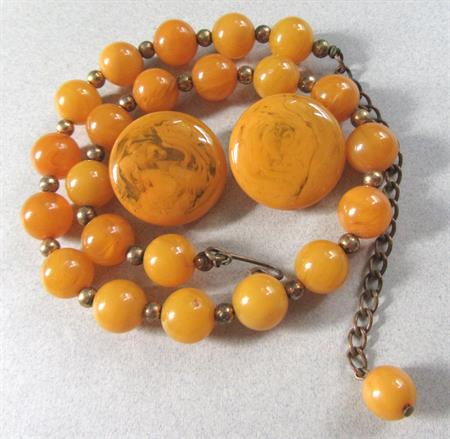 Mid Century Bakelite Choker Necklace Beads and Matching Clip On Earrings Set Egg Yolk Vintage Costume Jewelry