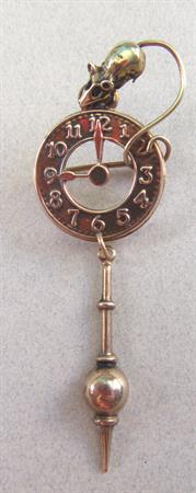 Antique Clock With Hanging Pendulum And Mouse Pin Gold Plate ? Figural Vintage Jewelry