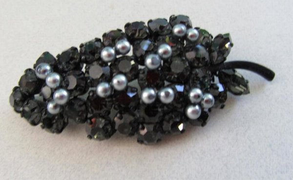 Black Japanned Rhinestone Pin Austria Signed Vintage Jewelry