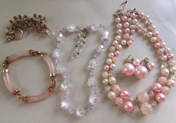 1950's Jewelry Lot Crystal Rose Quartz