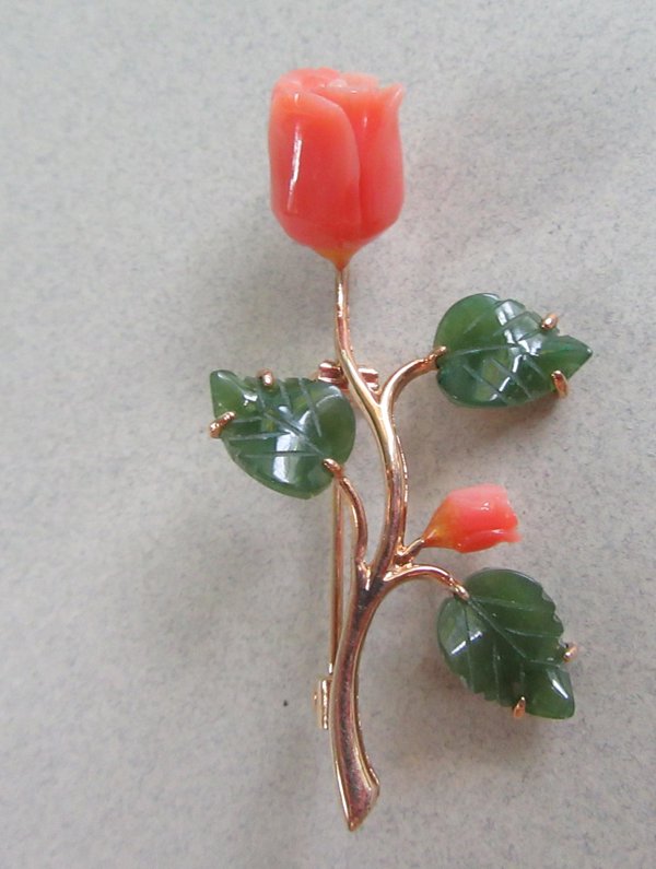 Genuine Coral Jade Roses Pin Vintage Jewelry