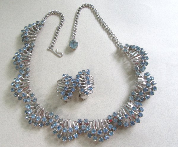 1950's Blue Rhinestone Choker Set Vintage Jewelry