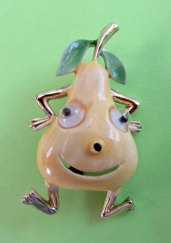 Vintage Anthropomorphic Pear Pin Google Eyes Signed  JJ 