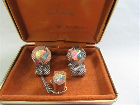 Vintage Di Gino Crystal Rivoli Cufflinks Cuff Links Tie Tac Set Original Box Men's Jewelry Shirt Accessories Wedding Groom