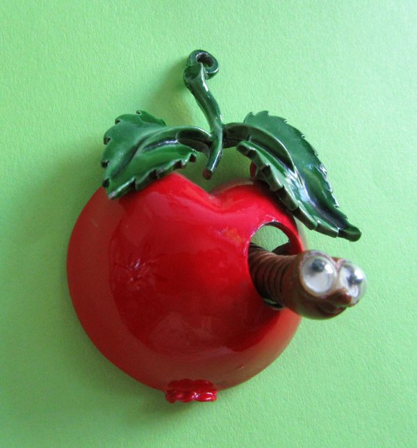 Anthropomorphic Google Eyes Apple Worm Pendant Vintage Jewelry