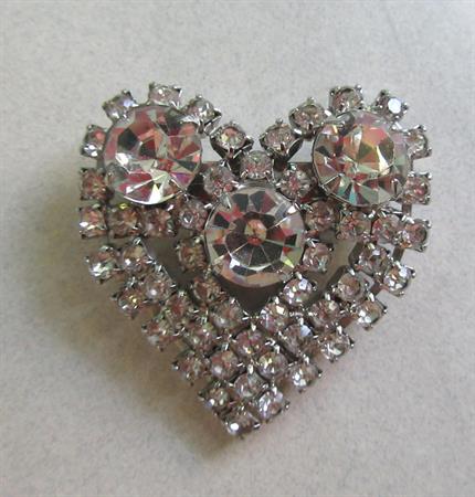 Vintage Rhinestone Heart Pin Costume Jewelry I Love You Something Old Anniversary