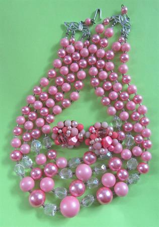 1950's Mid Century Pink Multi Strand Faux Pearl Multi Strand Necklace Japan Clip Earrings Set 50's Accessories