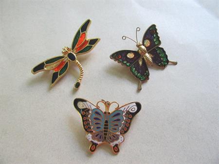 Vintage Cloisonne Butterfly Pin Combo Pendant and Dragonfly Costume Jewelry