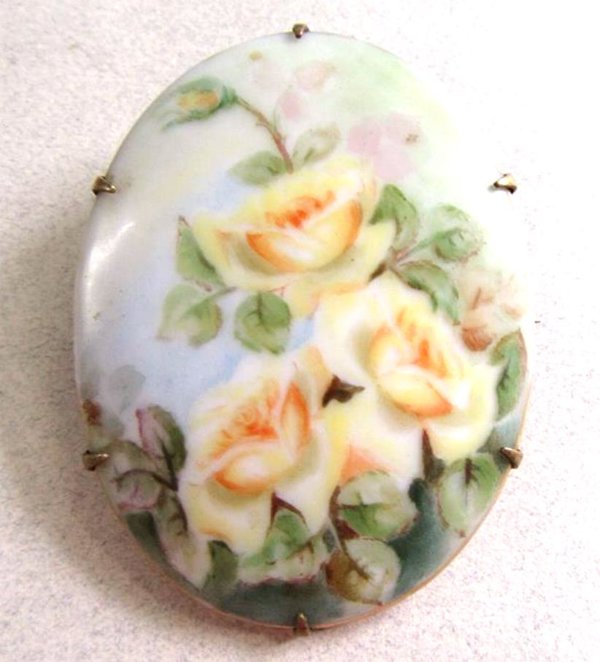 Antique Glass Pin Yellow Roses  Vintage Jewelry