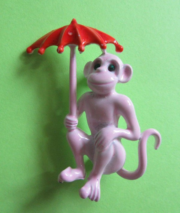 Anthropomorphic Pink Monkey Pin Signed JJ Vintage Jewelry 