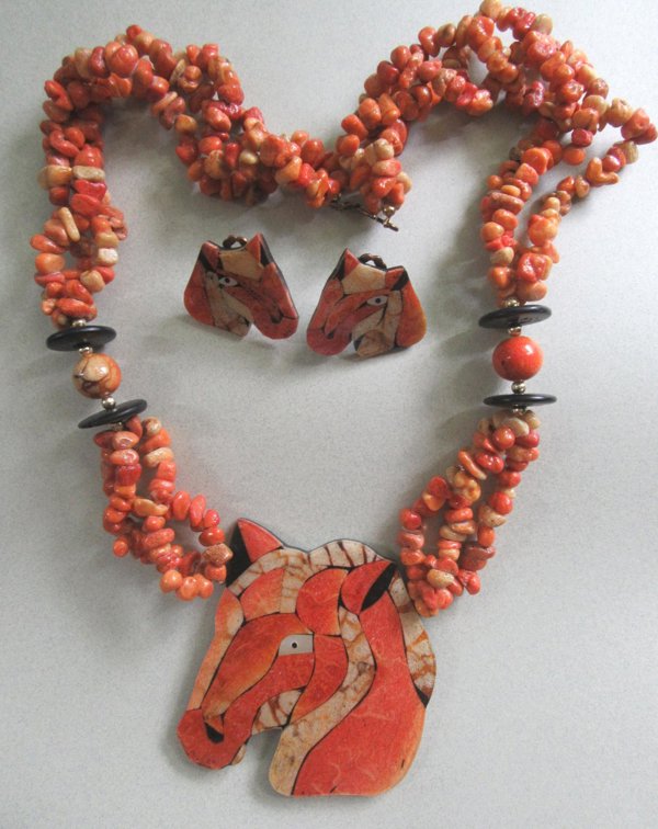 Vintage Coral Horse Head Necklace Set Lee Sands Equestrian