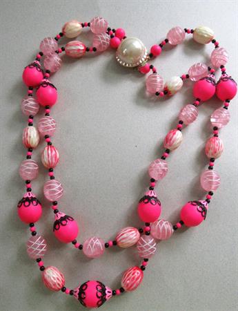 1950's Hot Pink Multi Strand Necklace Hong Kong Beads Vintage Costume Jewelry