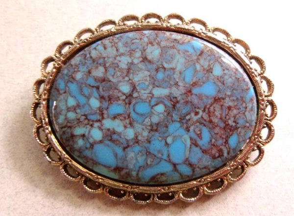 Vintage Blue Art Glass Oval Pin 