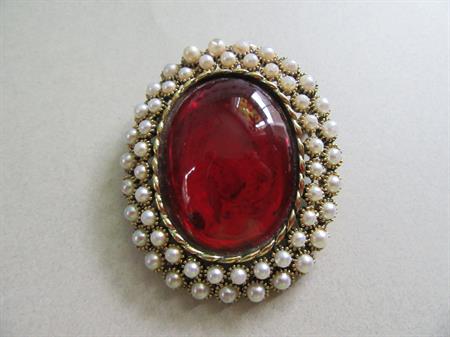 Dodds Signed Large Red Glass Pin Brooch As is Vintage Costume Jewelry