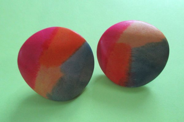 1980's Rainbow Wood Clip Earrings Vintage Jewelry