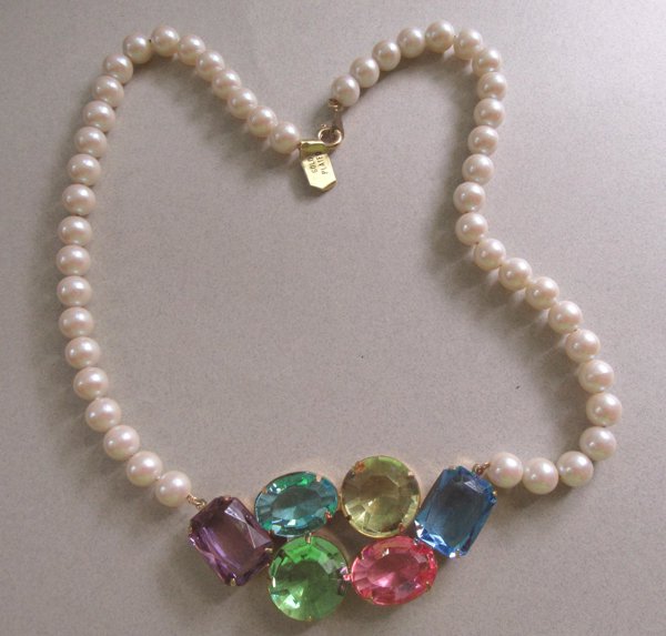 Vintage Lucite rhinestone Faux Pearl Necklace Korea Tag