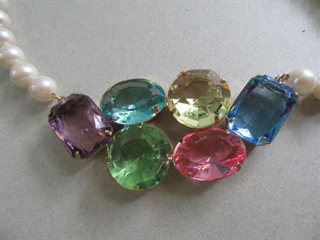 Vintage Lucite rhinestone Faux Pearl Necklace Korea Tag