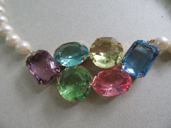 Vintage Lucite rhinestone Faux Pearl Necklace Korea Tag