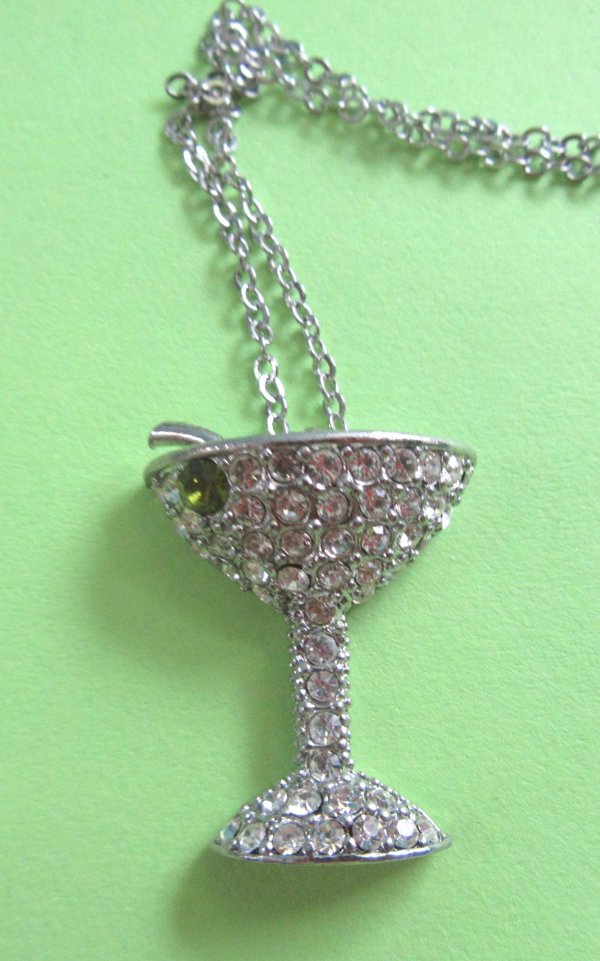 Rhinestone Martini Glass Necklace Never Worn Bar Tender Gift