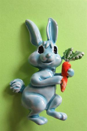 Vintage Blue Rabbit Pin With Carrot Anthropomorphic Figural Costume Jewelry