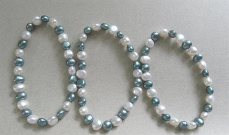 THREE Genuine Freshwater Pearls Blue and White Stretch Bracelets