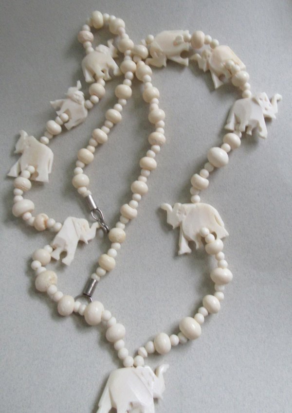 1980's Carved Bone Elephant Fetish Necklace 