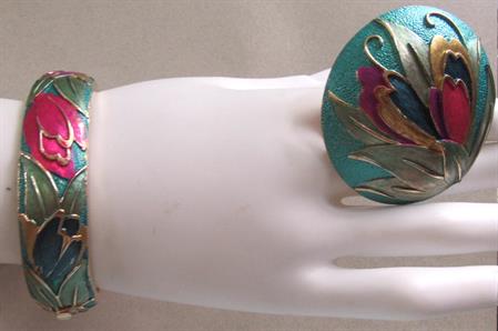 1980's Enameled Floral Pin and Bracelet Set Costume Jewelry