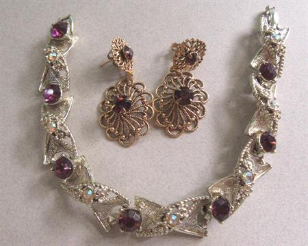 Mid Century 1950's and Up Purple Rhinestone Bracelet and Filigree Earrings Vintage Costume Jewelry