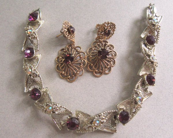 Vintage Purple Rhinestone Bracelet Earrings Vintage Jewelry