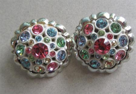 1950's Mid Century Pastel Rhinestone Clip On Earrings Vintage Costume Jewelry '50's Accessories