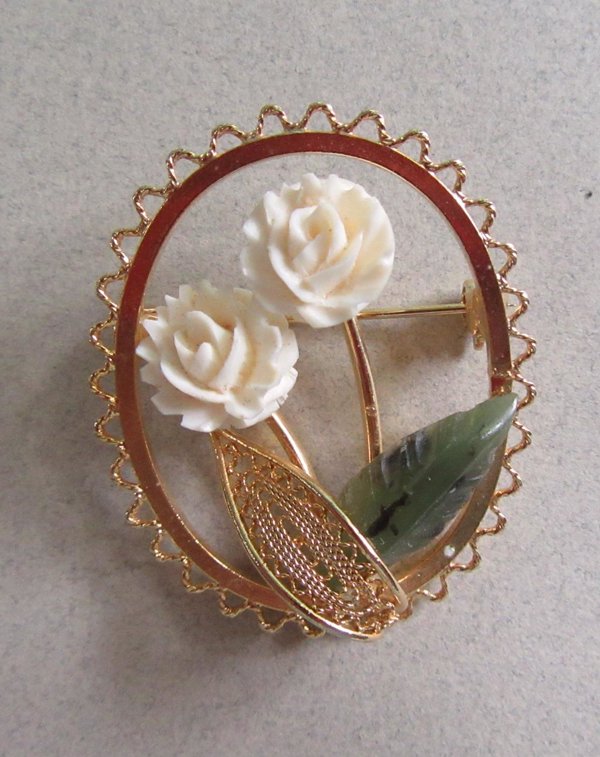 Vintage Carved Ivory Jade Pin