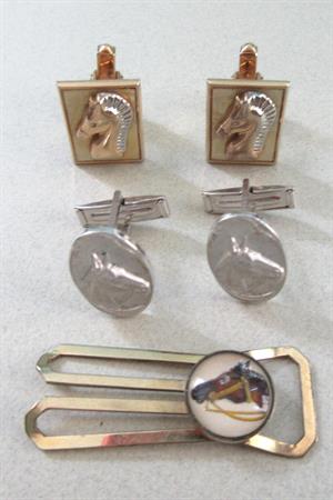 Vintage Mid Century 1940's-50's Horse Head Cufflinks Tie Bar Lot One Pair Swank Signed Cuff Links Equestrian Reverse Painted MCM