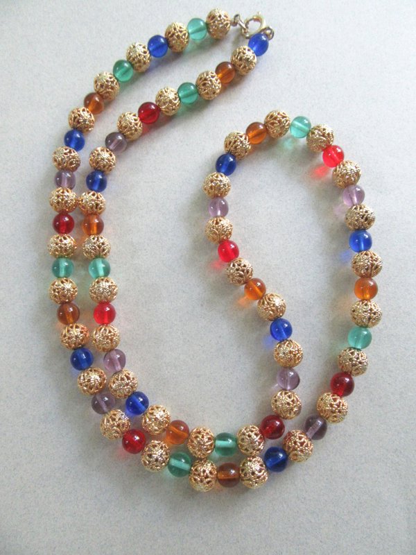 Vintage Multi Color Glass Filligree Necklace 
