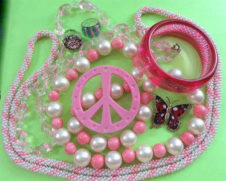 Vintage Pink Jewelry Lot Lucite Bracelet Rope Necklace Rings Peace Pendant Butterfly and Necklaces