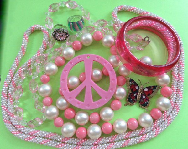 Vintage Pink Jewelry Lot Peace Pendant