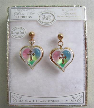 Glass Baron Rainbow Cross Heart Earrings Swarovski Crystals 22K Gold Plate Accents Religious Christian Confirmation Jewelry