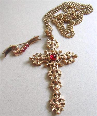 Avon Cross Necklace And 1983 Ribbon Award  Pin Signed Jewelry Christian