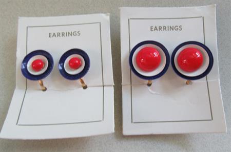 Vintage Mod Red White and Blue Clip On Earrings Your Choice Original Cards Old Stock Costume Jewelry Patriotic 