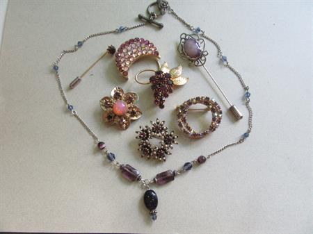 Vintage and Up Purple Rhinestone Costume Jewelry Lot Pins Necklace 