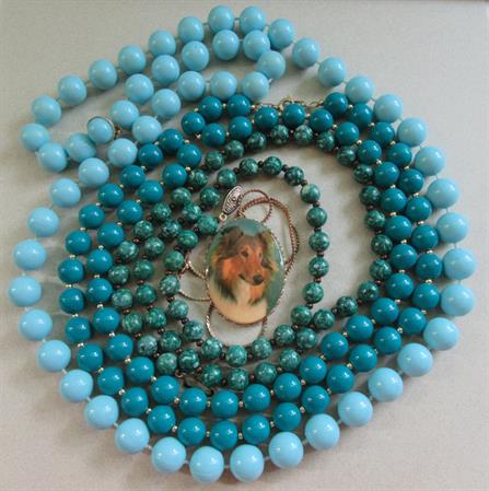 Vintage Blue Beads Necklace Lot Lassie Pendant Necklace Collie Dog Costume Jewelry