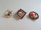 Three Vintage Small Pins Brooches Jade Faux Coral Rhinestone Vintage Costume Jewelry