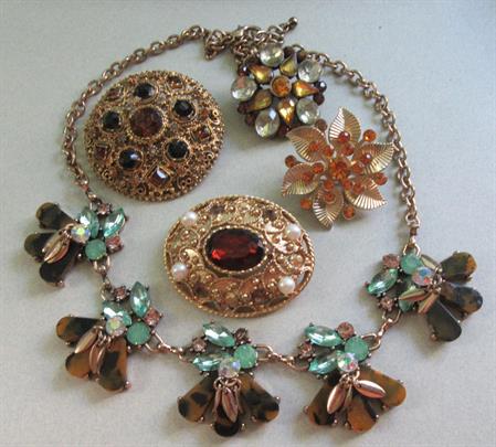 Vintage Rhinestone Pin Lot and Bonus Non Vintage Necklace Costume Jewelry