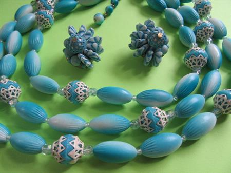 1950's Blue Choker Necklace Set Hong Kong Vintage Jewelry 