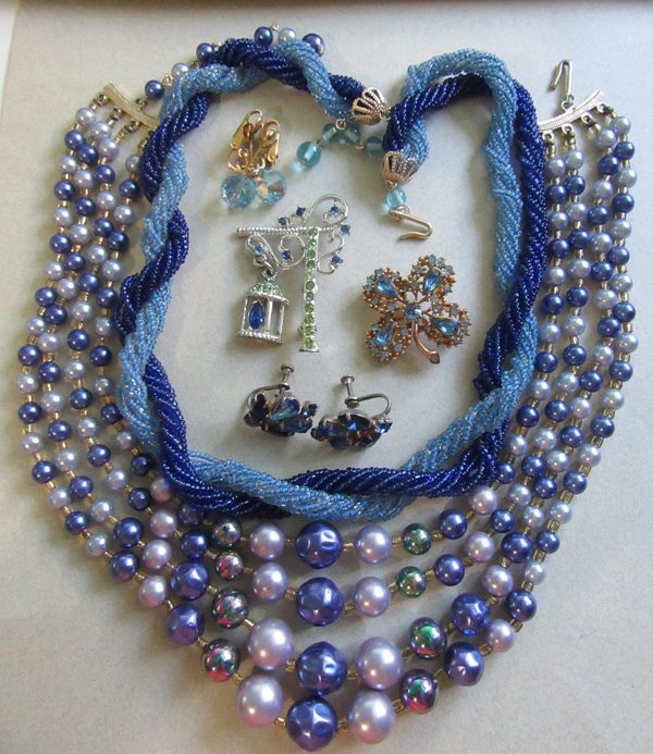 Vintage Blue Jewelry Lot 1950's Necklaces Japan Pins