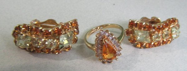Vintage Rhinestone Earrings And  Ring 1950's Accessories