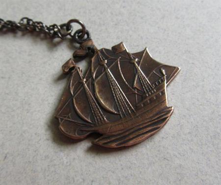 1930's UK Half Penny Copper Tall Ship Pendant Necklace George VI  Collectibles Sailing 